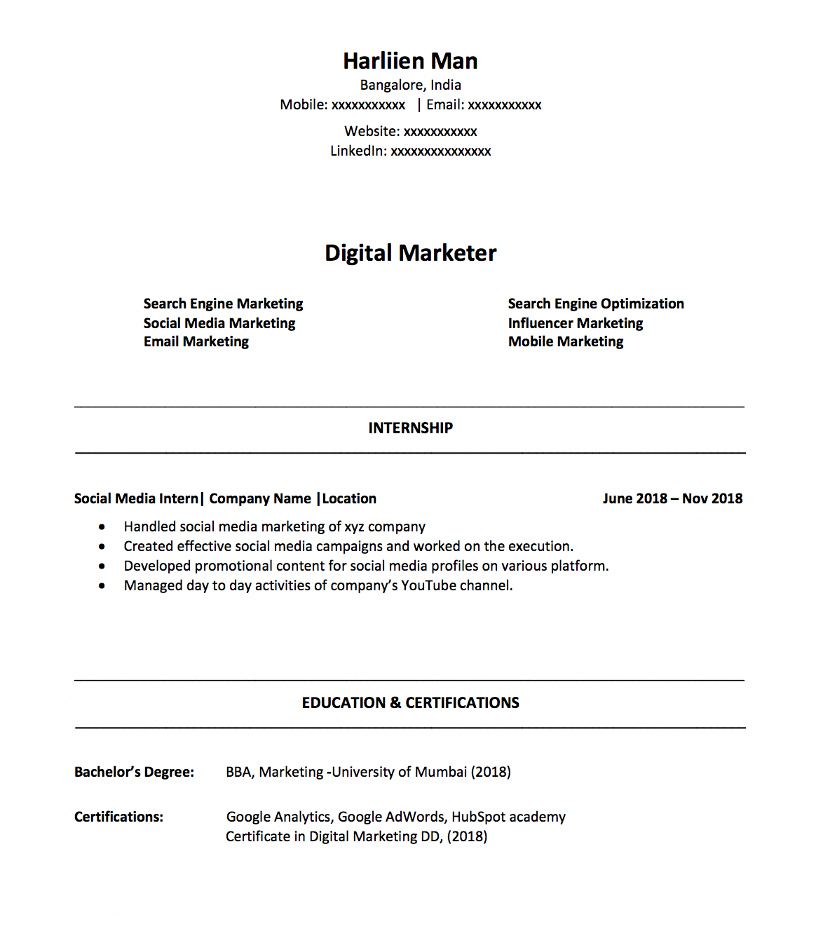 digital marketing resume sample